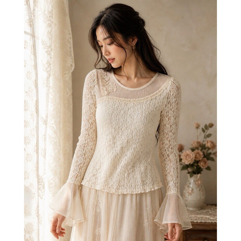 ALAGO Lace Blouse Ivory Romantic Cottagecore Bell Sleeve Sheer NWT Size S